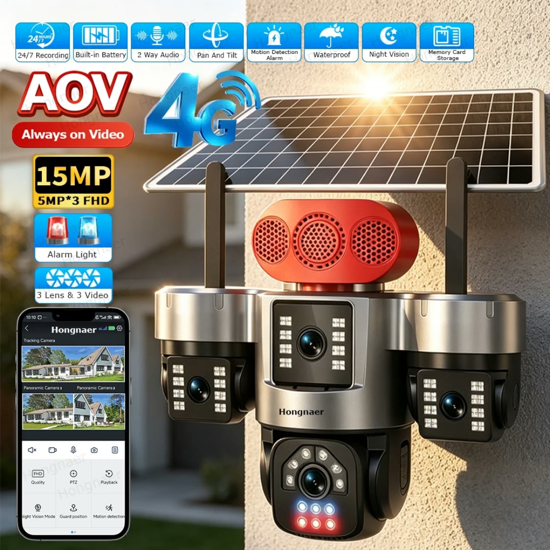 Caméra de surveillance solaire 15MP 4G, AOV PTZ  3 objectifs 6K